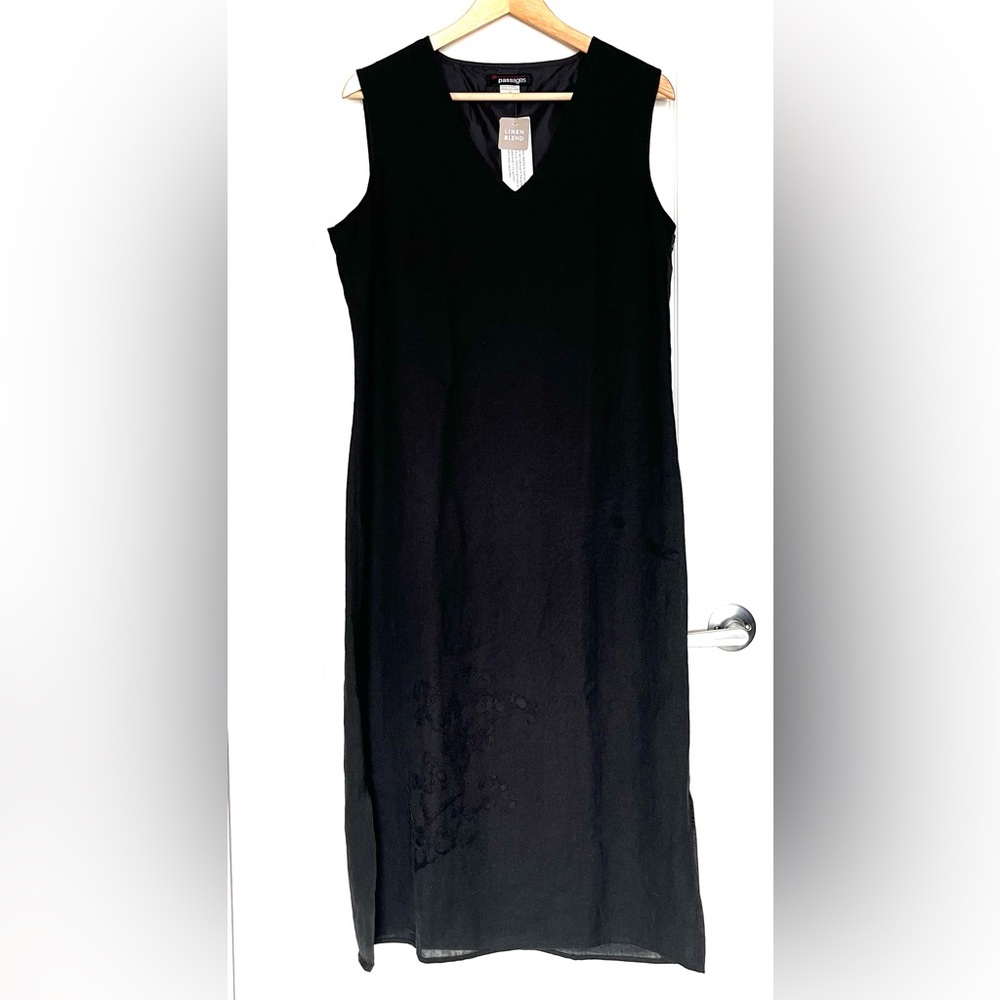 Passages Black Linen Blend Floral Embroidered Midi Dress Workwear Career Size 14